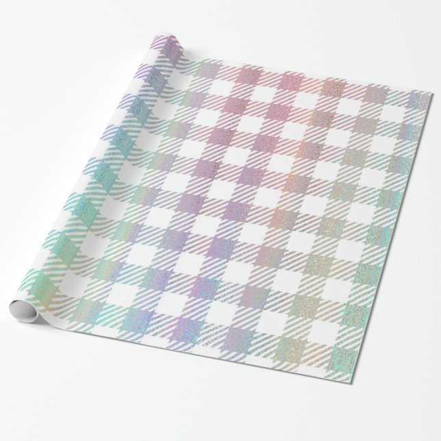 Cute Rainbow Iridescent Gingham Mönster Presentpapper (Utrullad)