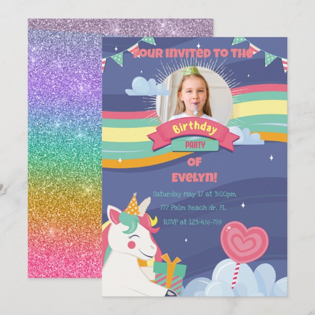 Cute Rainbow Lägg till bild Unicorn Birthday-inbju Inbjudningar (Fram/baksida)