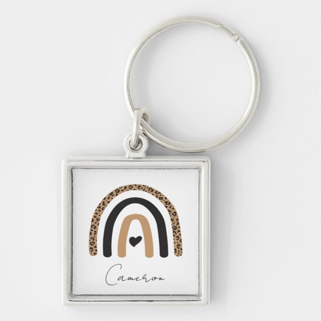 Cute Rainbow Leopard Mönster Fyrkantig Silverfärgad Nyckelring (Framsidan)