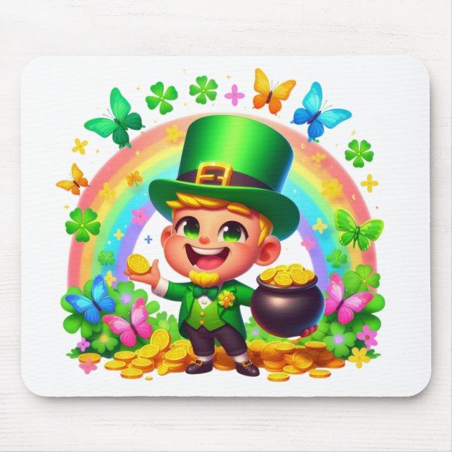 Cute Rainbow Leprechaun med Guld Musmatta (Framsidan)