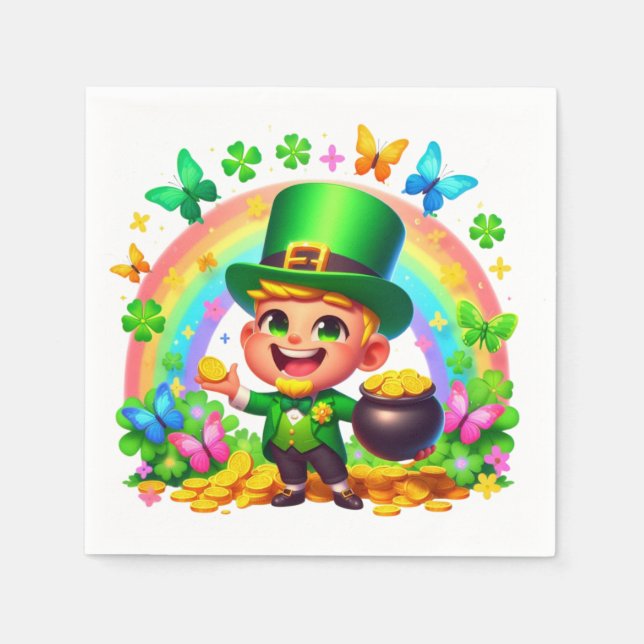 Cute Rainbow Leprechaun med Guld Pappersservett (Framsidan)