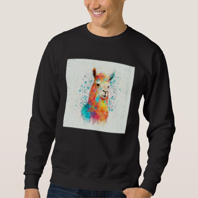 Cute Rainbow Llama Paint Splatter Illustration Col Lång Ärmad Tröja (Framsida)