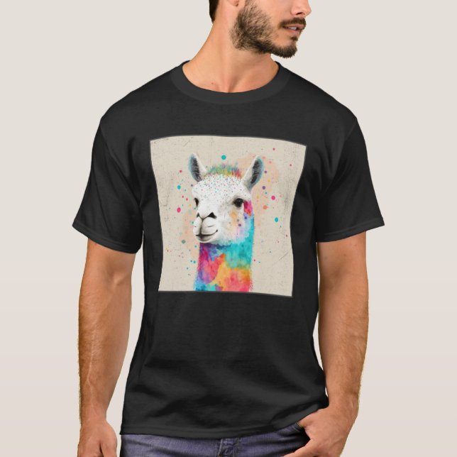 Cute Rainbow Llama Paint Splatter Illustration Col T Shirt (Framsida)