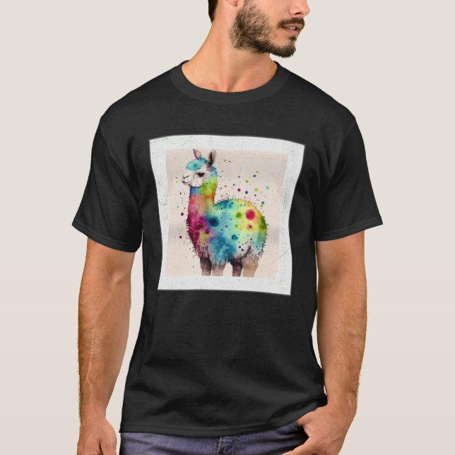 Cute Rainbow Llama Paint Splatter Illustration Col T Shirt (Framsida)