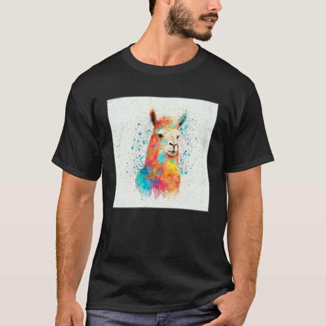 Cute Rainbow Llama Paint Splatter Illustration Col T Shirt (Framsida)
