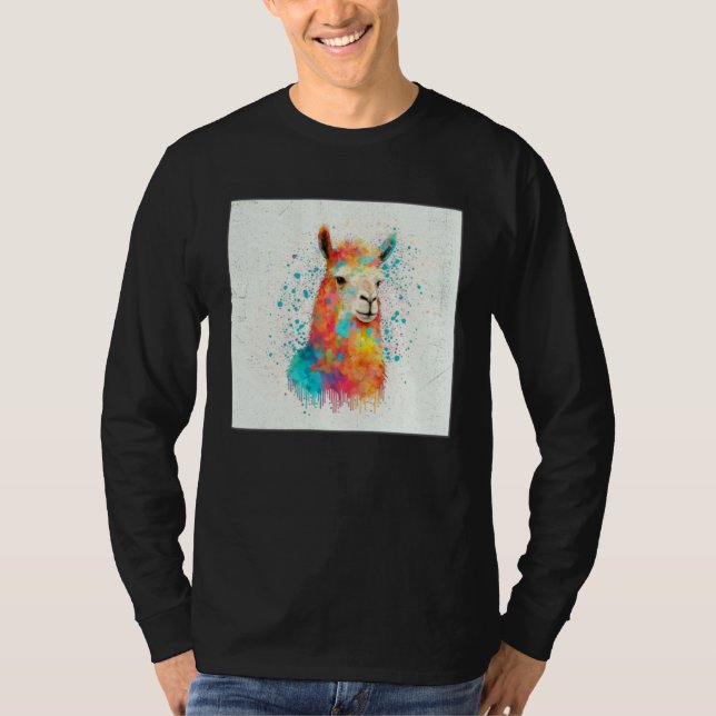 Cute Rainbow Llama Paint Splatter Illustration Col T Shirt (Framsida)