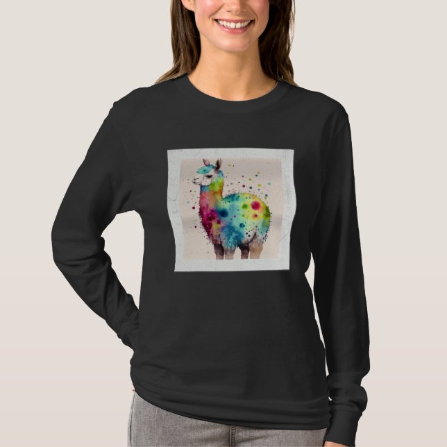 Cute Rainbow Llama Paint Splatter Illustration Col T Shirt (Framsida)