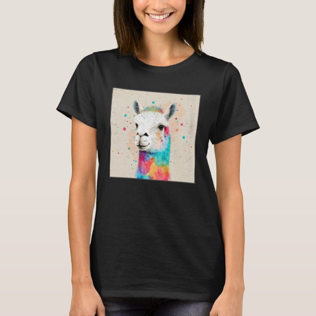 Cute Rainbow Llama Paint Splatter Illustration Col T Shirt (Framsida)