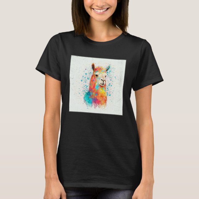 Cute Rainbow Llama Paint Splatter Illustration Col T Shirt (Framsida)