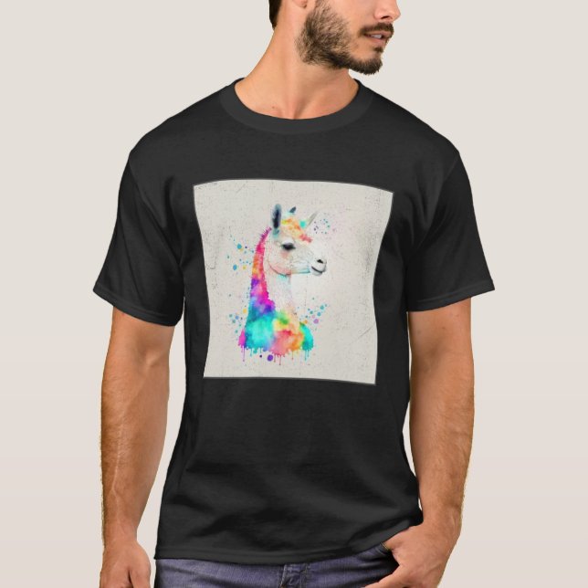 Cute Rainbow Llama Paint Splatter Illustration Col T Shirt (Framsida)