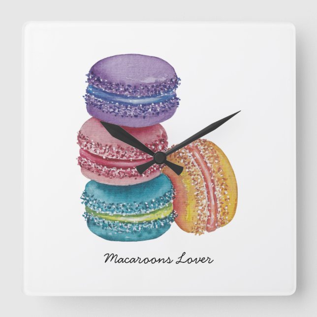 Cute Rainbow Macaroons i vattenfärg Fyrkantig Klocka (Framsida)