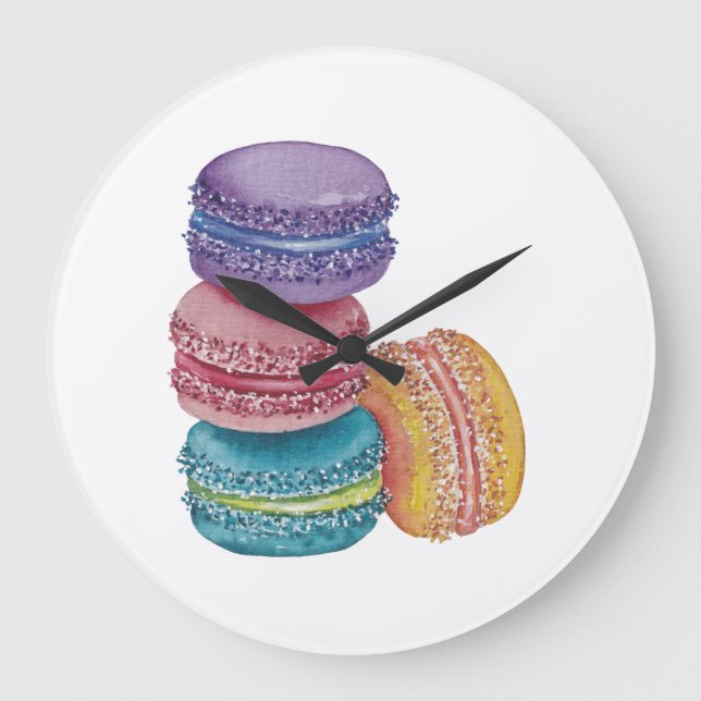 Cute Rainbow Macaroons i vattenfärg Stor Klocka (Framsida)