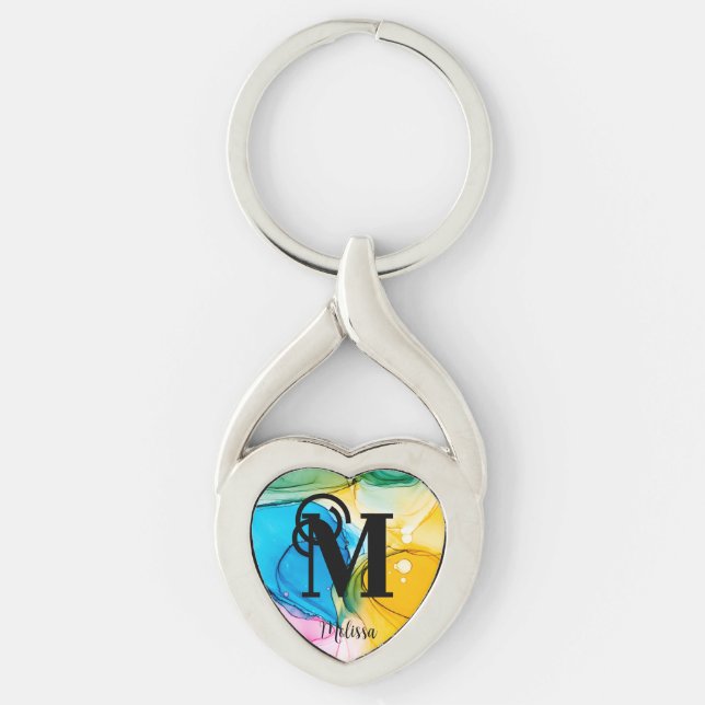 Cute Rainbow Marcular Monogram Twisted Heart Silverfärgad Nyckelring (Framsidan)