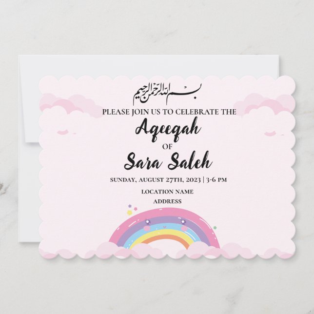Cute Rainbow Muslim Aqiqah Girl InvestigCard Inbjudningar (Framsida)