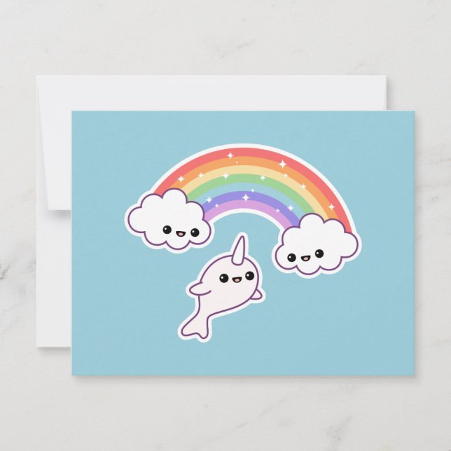 Cute Rainbow Narwhal Födelsedagsfest inbjudan (Framsida)