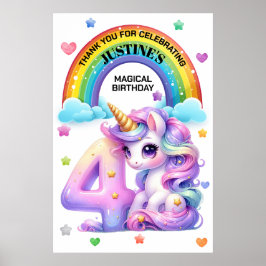 Cute Rainbow och Unicorn 4e födelsedagen Party Poster