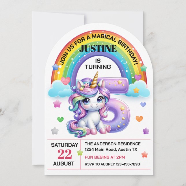 Cute Rainbow och Unicorn 5:e Födelsedagsfesten Inbjudningar (Framsida)