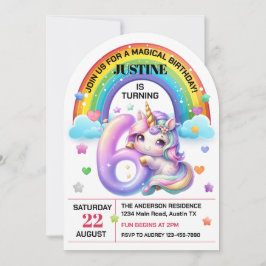 Cute Rainbow och Unicorn 6e Födelsedagsfest Inbjudningar