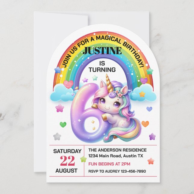 Cute Rainbow och Unicorn 6e Födelsedagsfest Inbjudningar (Framsida)