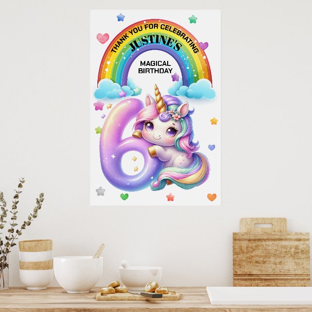 Cute Rainbow och Unicorn 6e Födelsedagsfest Poster (Kök)