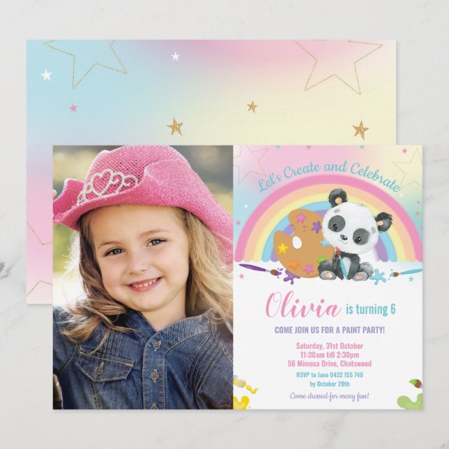 Cute Rainbow Panda Art Party Paint Birthday Photo Inbjudningar (Fram/baksida)
