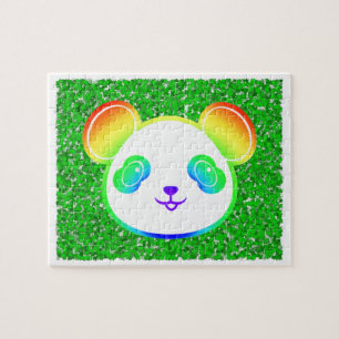 Cute Rainbow Panda Bear on Foliage Background Pussel