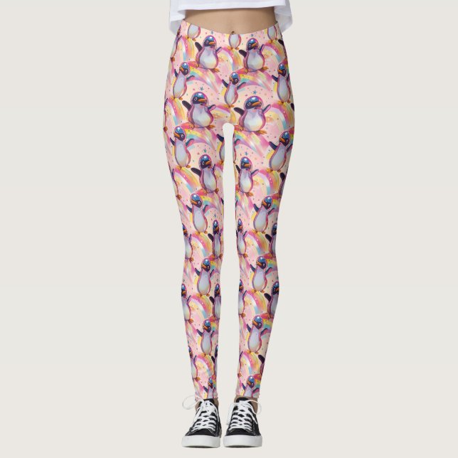 Cute Rainbow Penguins and Stars Mönster Leggings (Framsida)