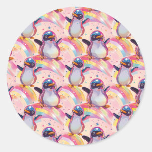 Cute Rainbow Penguins and Stars Mönster Runt Klistermärke