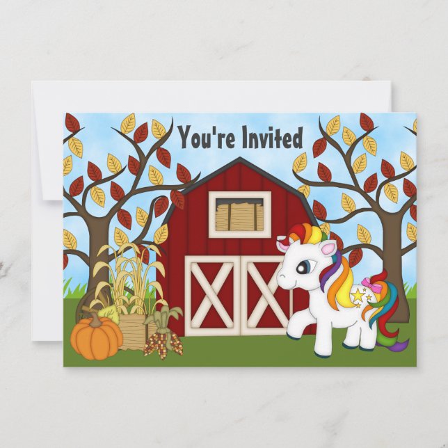 Cute Rainbow Pony och Barn Autumn Horse Birthday Inbjudningar (Framsida)
