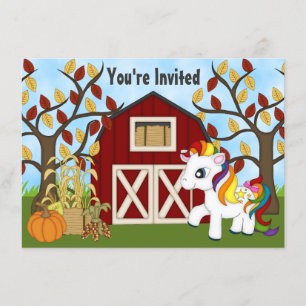 Cute Rainbow Pony och Barn Autumn Horse Birthday Inbjudningar