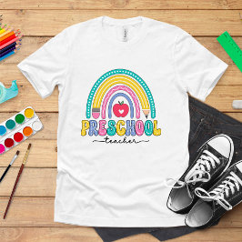 Cute Rainbow Preschool Teacher with Apple T Shirt