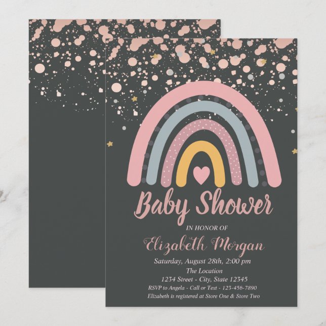 Cute Rainbow,Ro Guld Dot Baby Shower Inbjudningar (Fram/baksida)