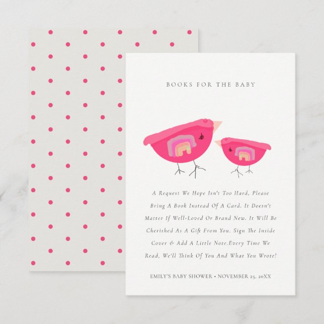 Cute Rainbow Rosa Birdy Bokar for Baby Shower Tilläggskort (Fram/baksida)