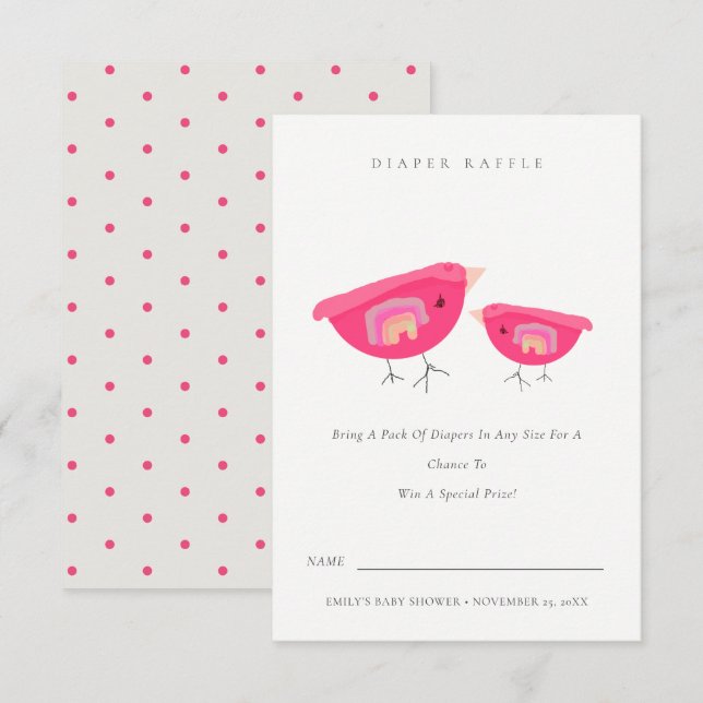 Cute Rainbow Rosa Birdy Diaper Raffle Baby Shower Tilläggskort (Fram/baksida)