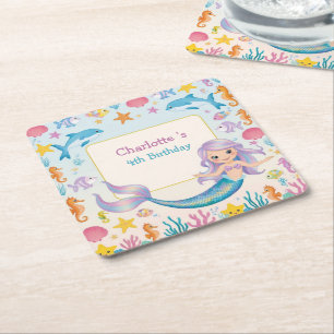Cute Rainbow sjöjungfru fish shark val Birthday Underlägg Papper Kvadrat