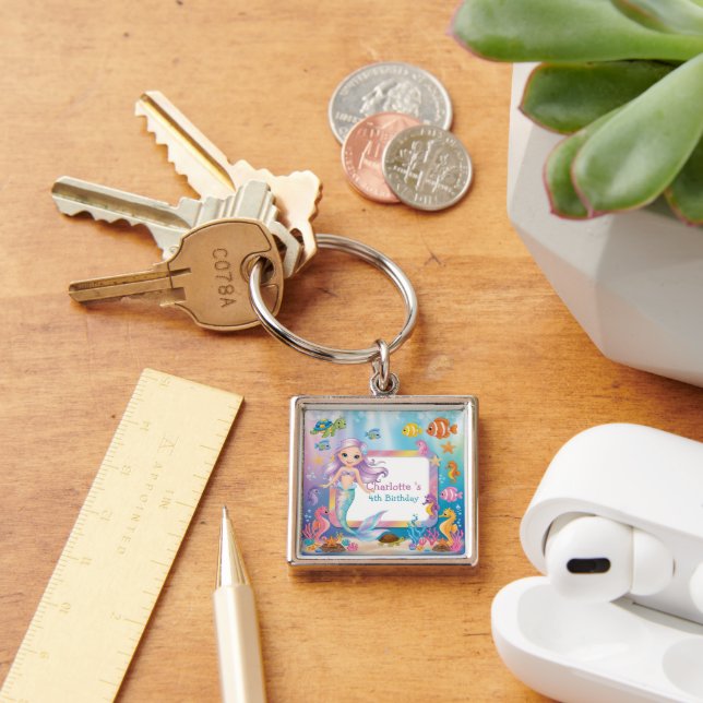 Cute Rainbow sjöjungfru fish turtle star Birthday Fyrkantig Silverfärgad Nyckelring (Skrivbord)