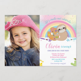 Cute Rainbow Sloth Art Party Paint Birthday Photo Inbjudningar