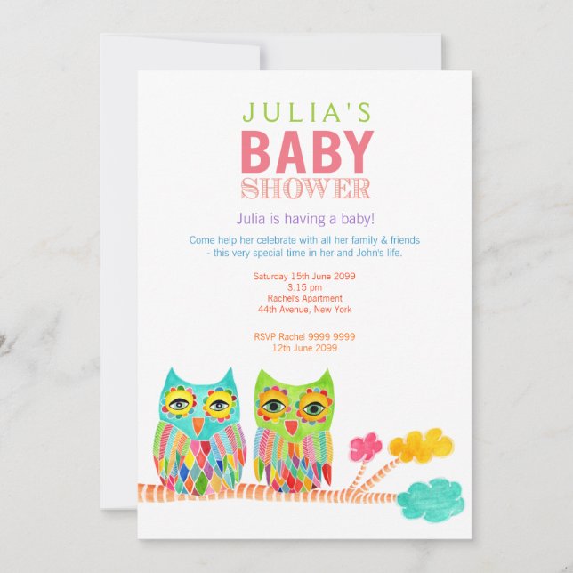 Cute Rainbow Uggla Baby Shower Inbjudan (Framsida)