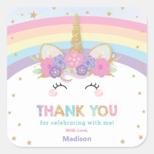 Cute Rainbow Unicorn 1a 2nd Birthday Party favor Fyrkantigt Klistermärke
