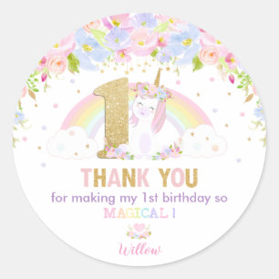Cute Rainbow Unicorn 1st Birthday Tack Favoriter Runt Klistermärke