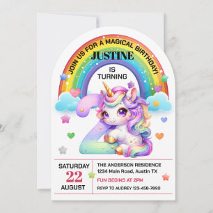 Cute Rainbow, Unicorn, 2:a födelsedagen Party Inbjudningar