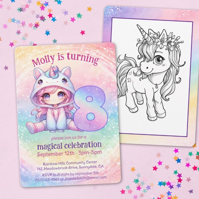 Cute Rainbow Unicorn 8:e magiska födelsedag Inbjudningar (Skapare uppladdad)