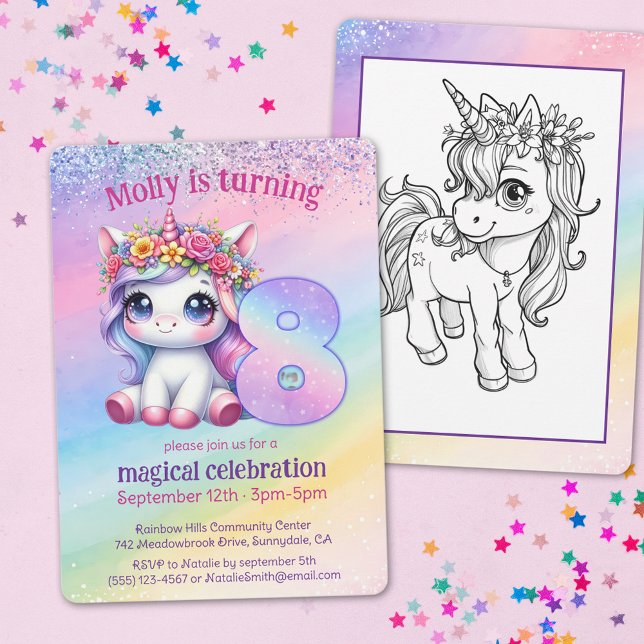 Cute Rainbow Unicorn 8:e magiska födelsedag Inbjudningar (Skapare uppladdad)