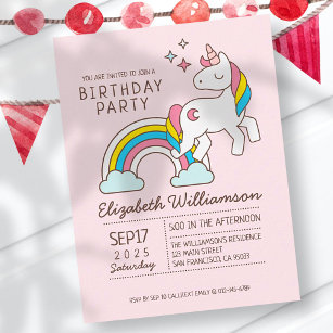 Cute Rainbow Unicorn and Sparkles Birthday Inbjudan Vykort