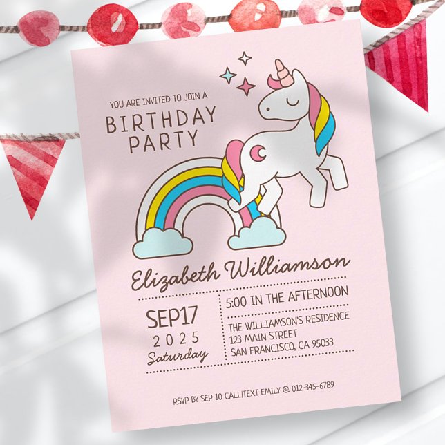 Cute Rainbow Unicorn and Sparkles Birthday Inbjudan Vykort (Skapare uppladdad)