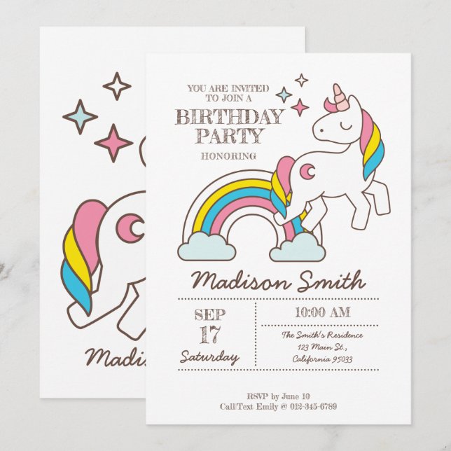 Cute Rainbow Unicorn and Sparkles Birthday Inbjudningar (Fram/baksida)
