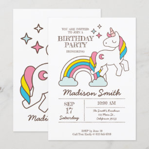 Cute Rainbow Unicorn and Sparkles Birthday Inbjudningar