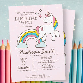 Cute Rainbow Unicorn and Sparkles Birthday Inbjudningar