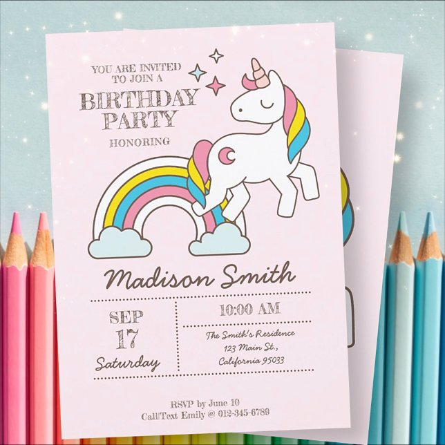 Cute Rainbow Unicorn and Sparkles Birthday Inbjudningar (Skapare uppladdad)