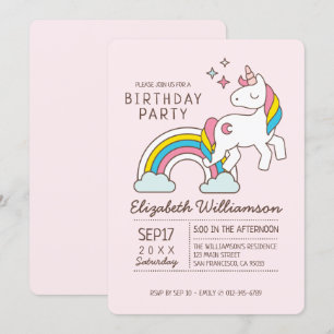 Cute Rainbow Unicorn and Sparkles Birthday Inbjudningar